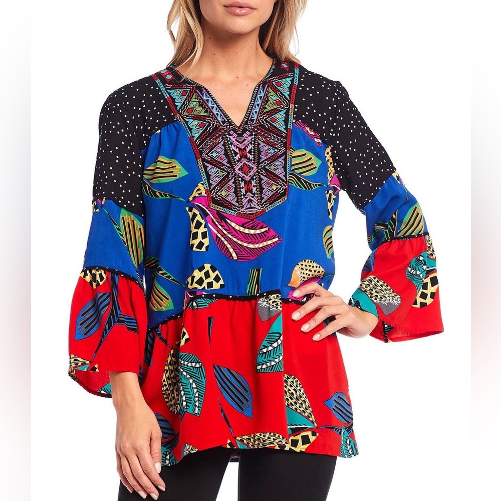 Mixed-Print V-Neck Bell Sleeve Tunic - Blue & Red